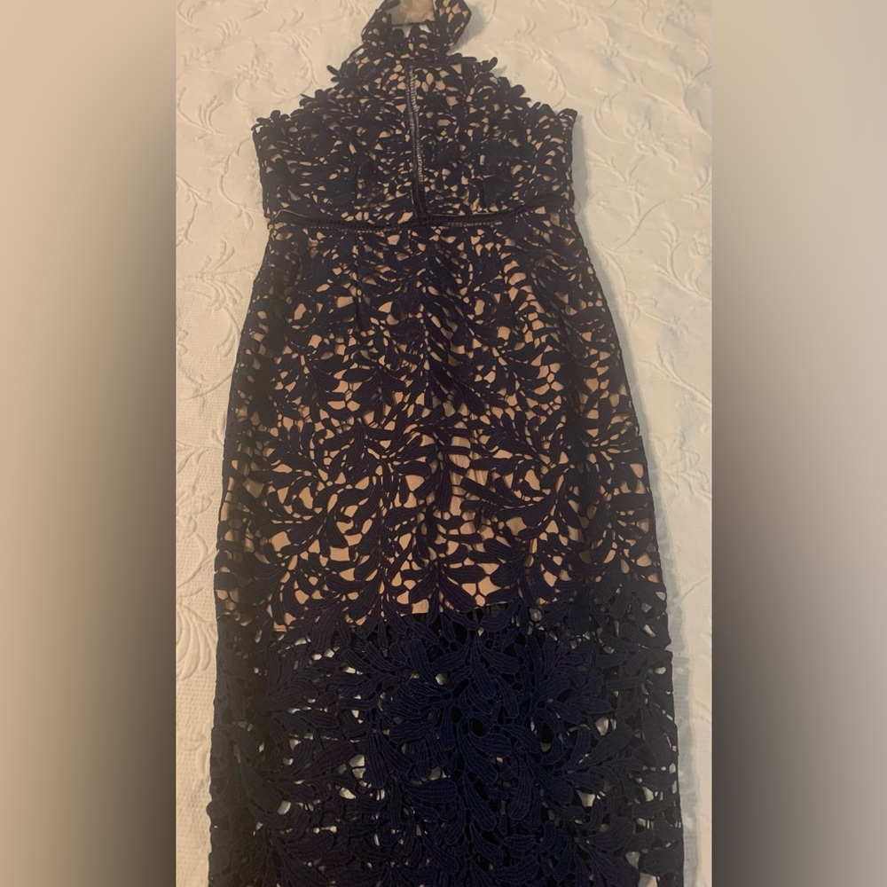 Lulu's Navy Floral Lace Midi Dress with Nude Lining